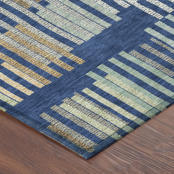 8' Navy Blue And Gold Round Striped Washable Indoor Outdoor Area Rug