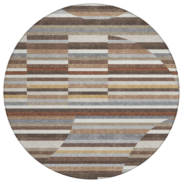 8' Brown And Gray Round Striped Washable Indoor Outdoor Area Rug