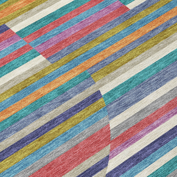 9' X 12' Teal Blue And Gold Striped Washable Indoor Outdoor Area Rug