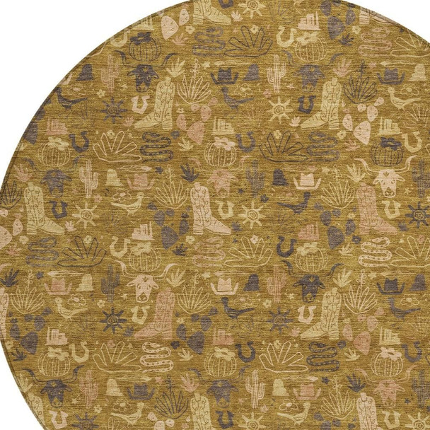 8' Walnut And Gold Round Stars Washable Indoor Outdoor Area Rug