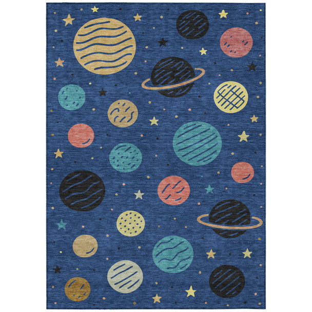 9' X 12' Blue And Black Floral Washable Indoor Outdoor Area Rug