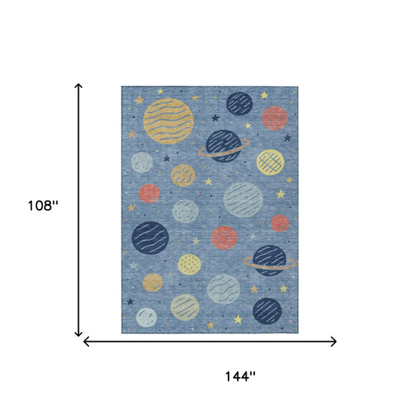 9' X 12' Blue And Navy Blue Floral Washable Indoor Outdoor Area Rug