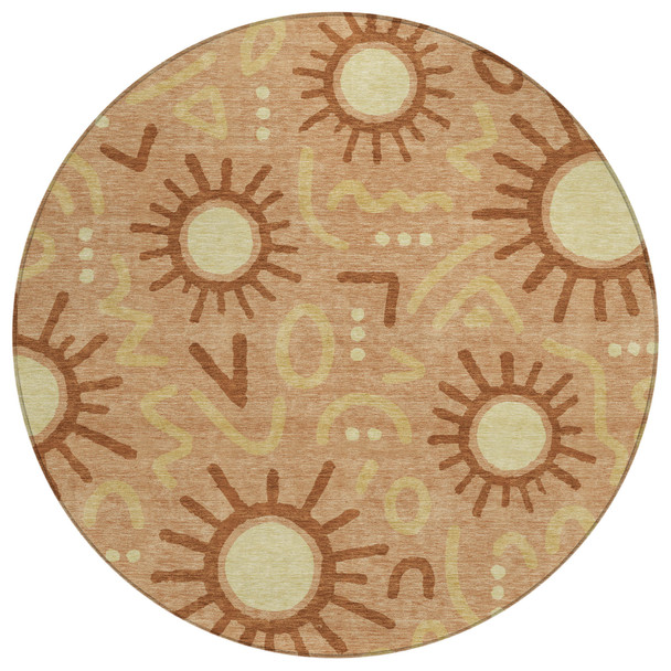 8' Copper And Orange Round Geometric Washable Indoor Outdoor Area Rug