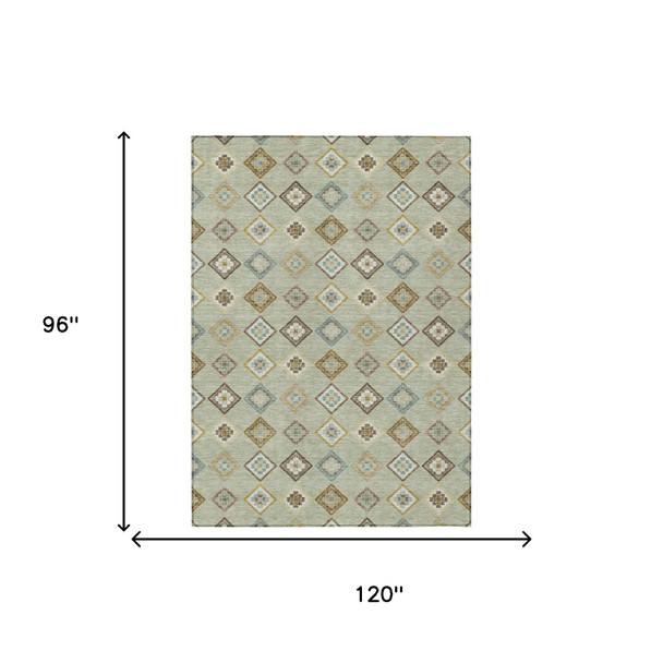 8' X 10' Green And Khaki Geometric Washable Indoor Outdoor Area Rug