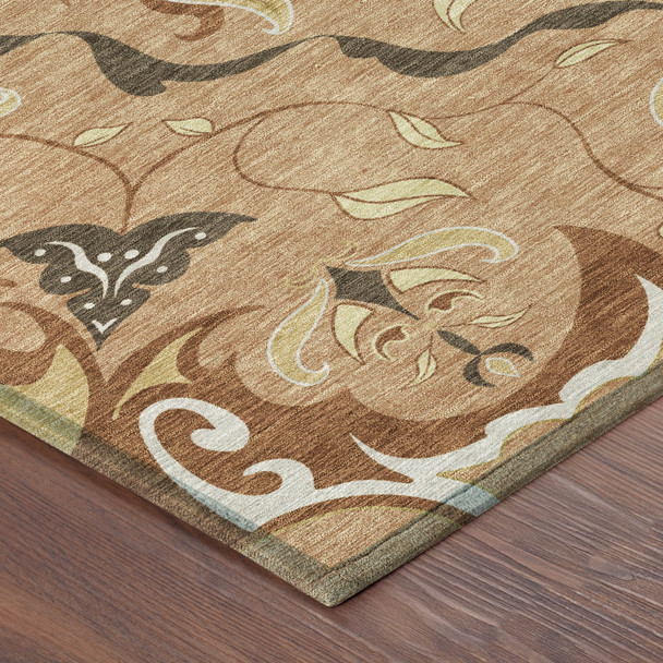 8' Copper And Orange Round Damask Washable Indoor Outdoor Area Rug