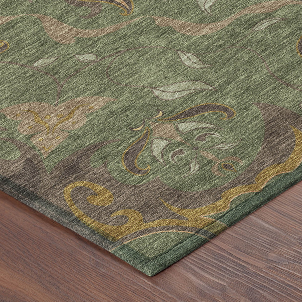 10' X 14' Olive Green And Green Damask Washable Indoor Outdoor Area Rug