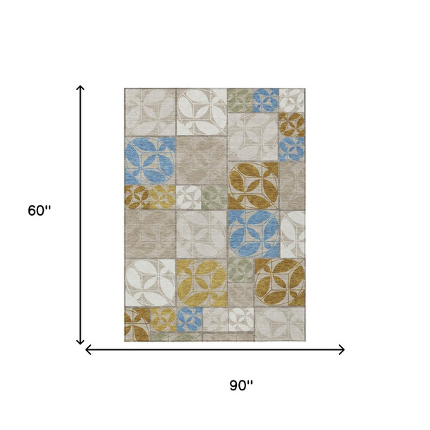 5' X 8' Beige And Brown Geometric Washable Indoor Outdoor Area Rug