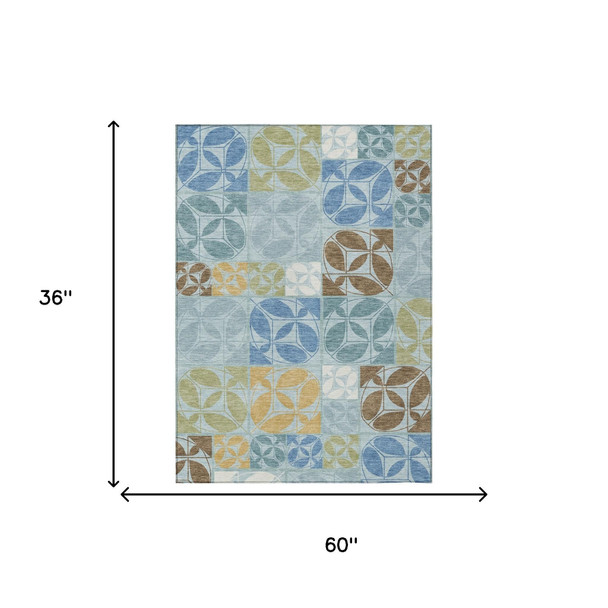 3' X 5' Sky Blue And Blue Geometric Washable Indoor Outdoor Area Rug