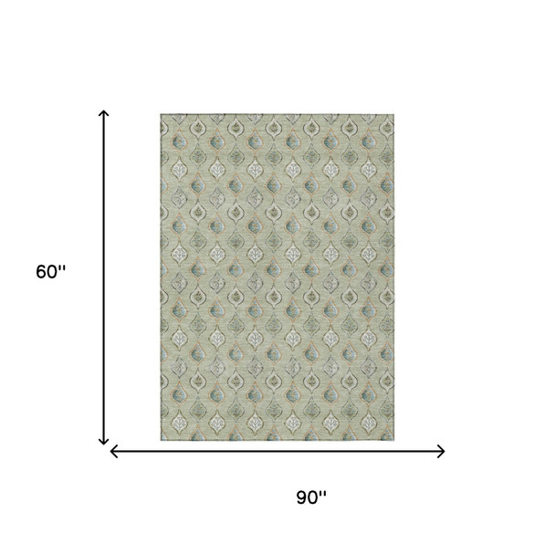 5' X 8' Green And Khaki Floral Washable Indoor Outdoor Area Rug