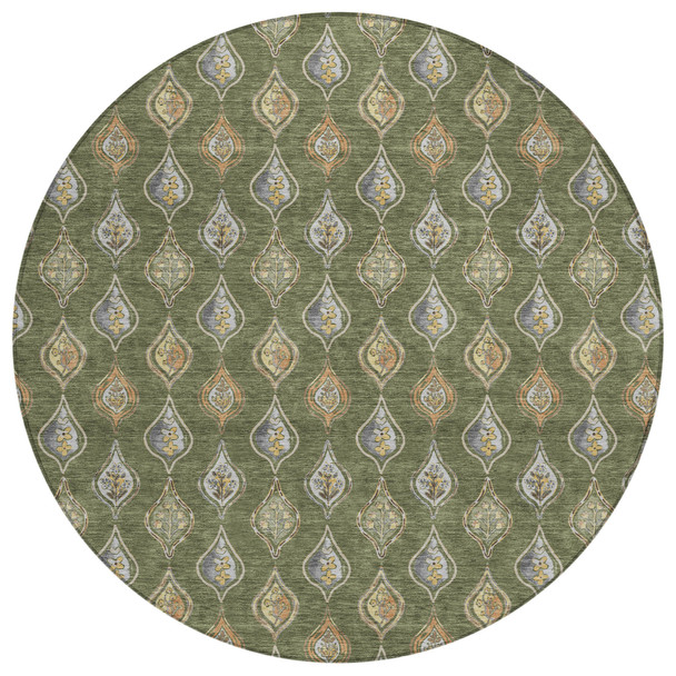 8' Olive Green And Green Round Floral Washable Indoor Outdoor Area Rug