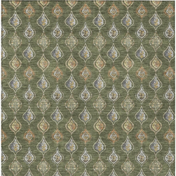 10' X 14' Olive Green And Green Floral Washable Indoor Outdoor Area Rug