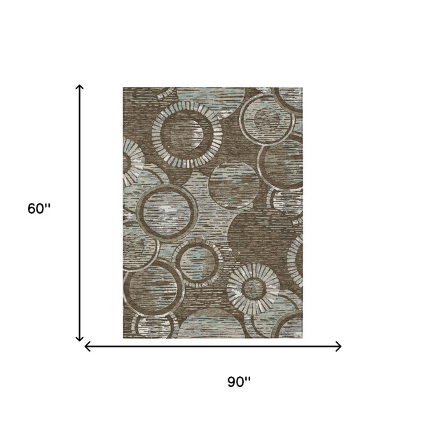 5' X 8' Chocolate And Brown Geometric Washable Indoor Outdoor Area Rug