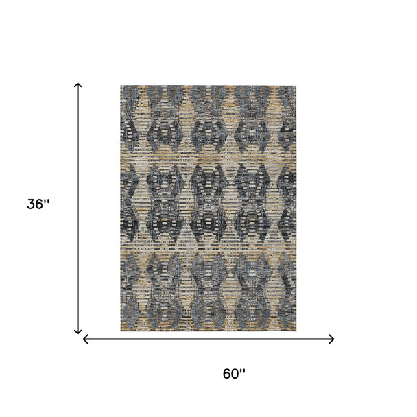3' X 5' Black And Gray Floral Medallion Washable Indoor Outdoor Area Rug