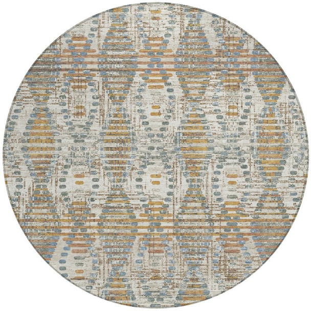 8' Ivory And Beige Round Floral Medallion Washable Indoor Outdoor Area Rug