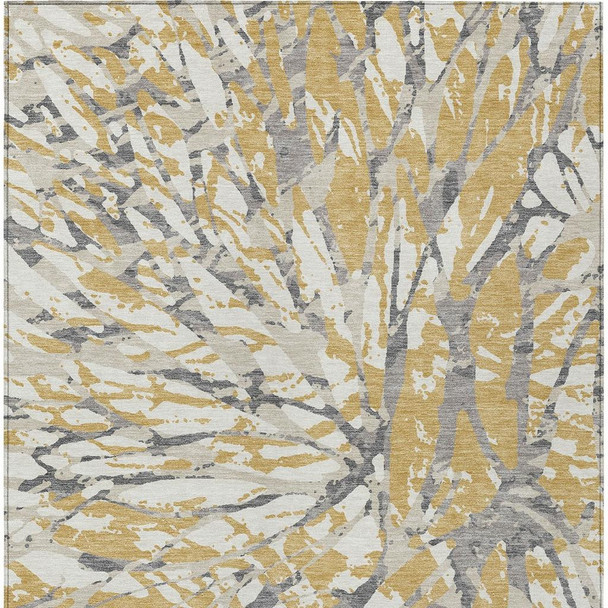 9' X 12' Gold And Ivory Abstract Washable Indoor Outdoor Area Rug