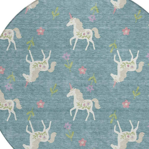 8' Teal Blue And Beige Round Floral Washable Indoor Outdoor Area Rug