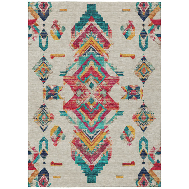 3' X 5' Beige And Ivory Tribal Washable Indoor Outdoor Area Rug