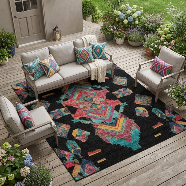 10' X 14' Black And Beige Tribal Washable Indoor Outdoor Area Rug