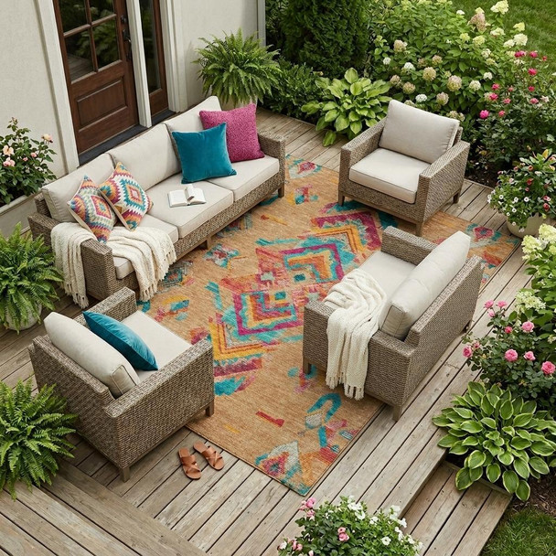 8' X 10' Copper And Ivory Tribal Washable Indoor Outdoor Area Rug