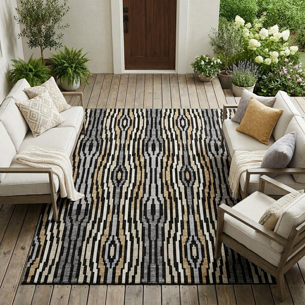 9' X 12' Black And Ivory Abstract Washable Indoor Outdoor Area Rug