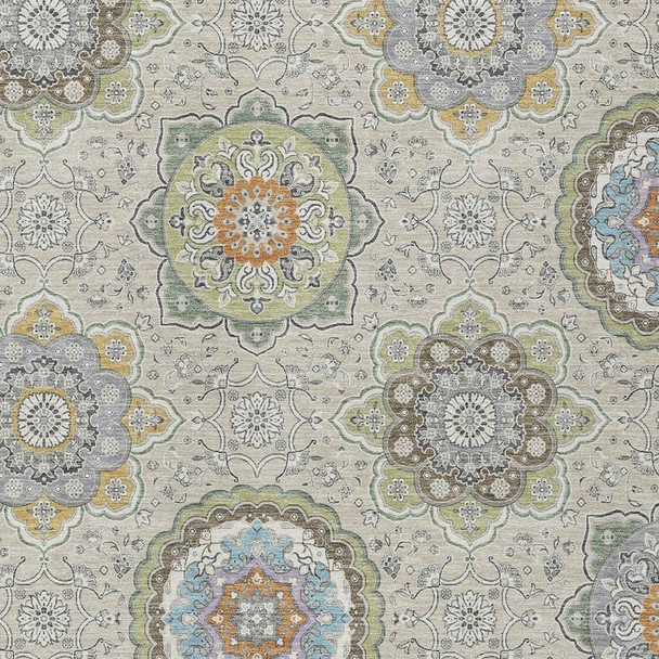 10' X 14' Beige And Brown Floral Medallion Washable Indoor Outdoor Area Rug