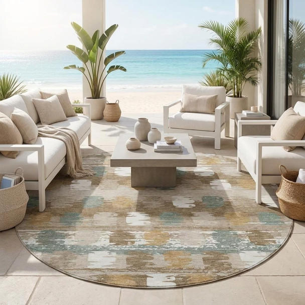 8' Brown And Aqua Round Abstract Washable Indoor Outdoor Area Rug