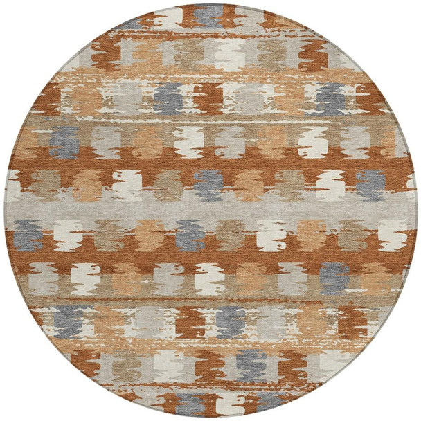 8' Orange And Beige Round Abstract Washable Indoor Outdoor Area Rug