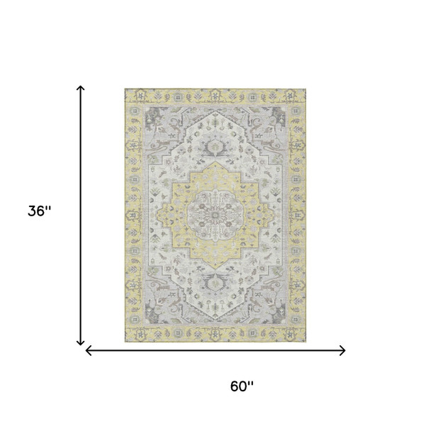 3' X 5' Yellow And Purple Oriental Washable Indoor Outdoor Area Rug