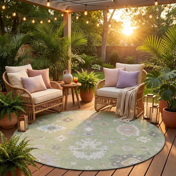 8' Green And Teal Blue Round Oriental Washable Indoor Outdoor Area Rug