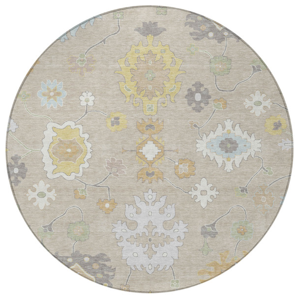 8' Ivory And Gray Round Oriental Washable Indoor Outdoor Area Rug