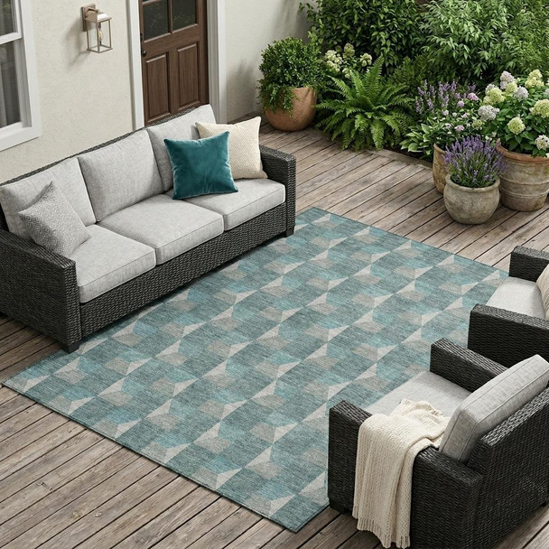 10' X 14' Teal Blue And Gray Geometric Washable Indoor Outdoor Area Rug
