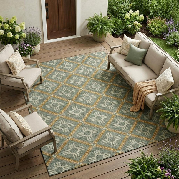 9' X 12' Green And Red Geometric Washable Indoor Outdoor Area Rug