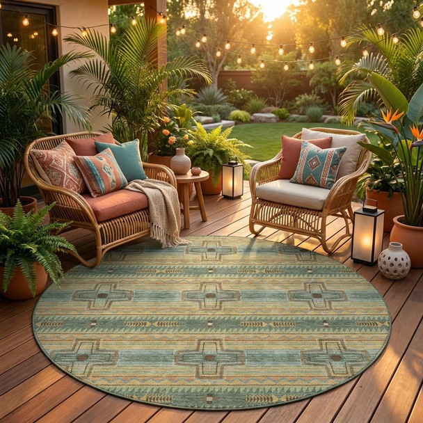8' Green And Beige Round Tribal Washable Indoor Outdoor Area Rug