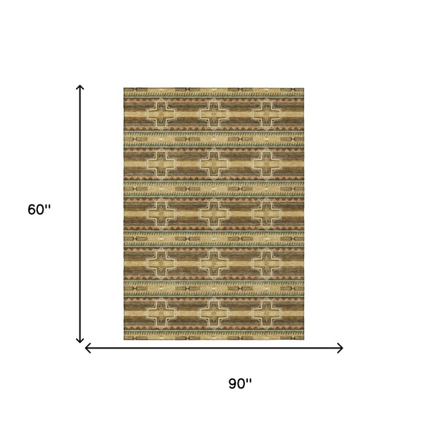 5' X 8' Gold And Red Tribal Washable Indoor Outdoor Area Rug