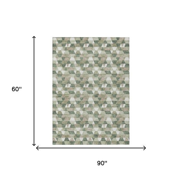 5' X 8' Green And Silver Geometric Washable Indoor Outdoor Area Rug
