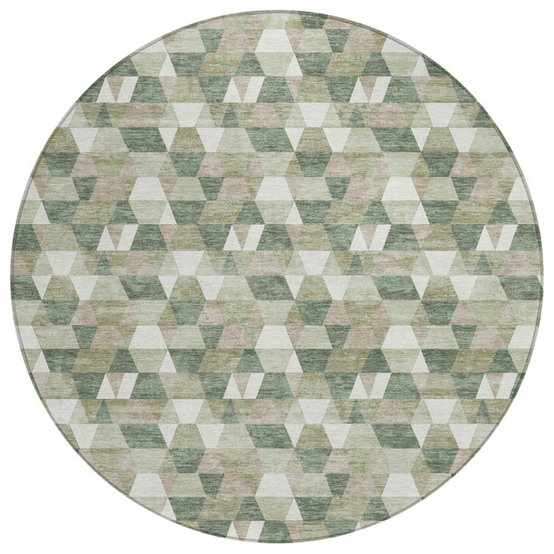 8' Green And Silver Round Geometric Washable Indoor Outdoor Area Rug