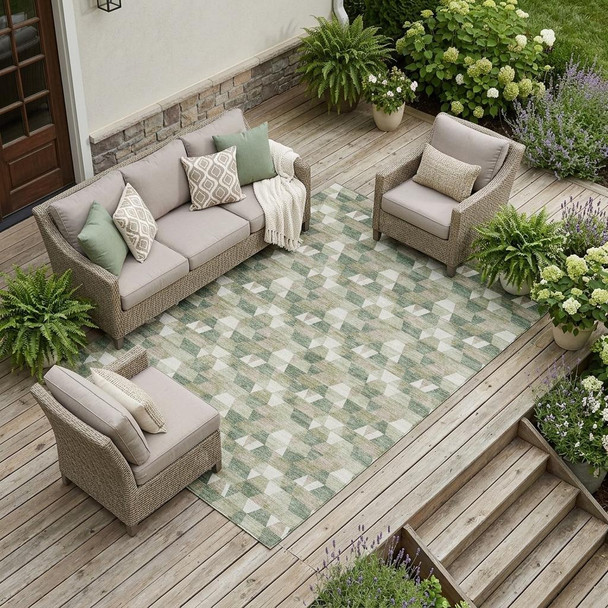 10' X 14' Green And Silver Geometric Washable Indoor Outdoor Area Rug