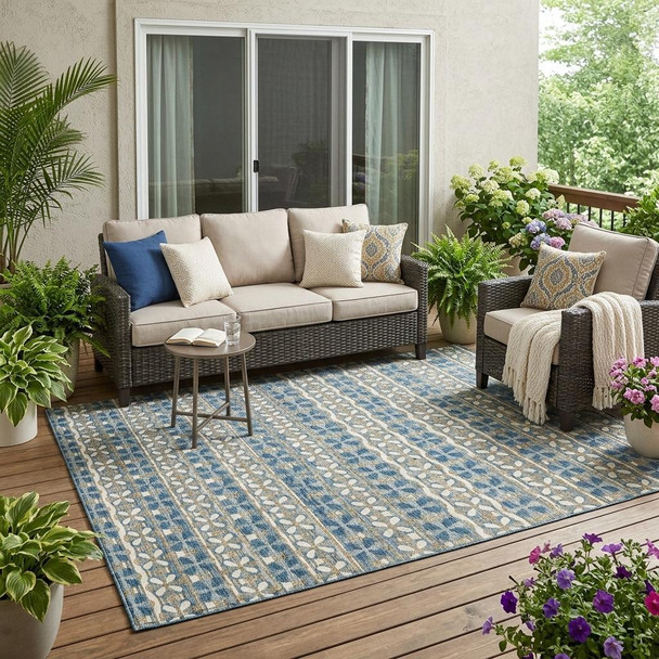 5' X 8' Teal Blue And Black Striped Washable Indoor Outdoor Area Rug