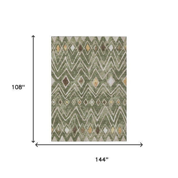 9' X 12' Olive Green And Brown Geometric Washable Indoor Outdoor Area Rug