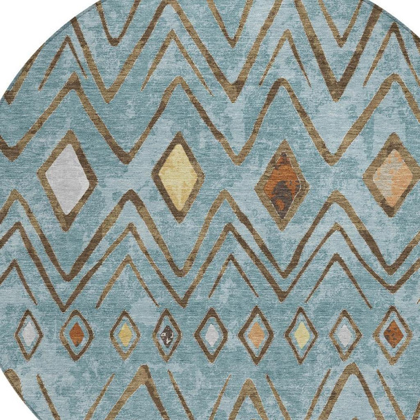8' Teal Blue And Silver Round Geometric Washable Indoor Outdoor Area Rug