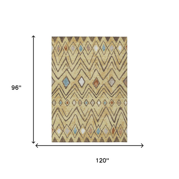 8' X 10' Wheat And Brown Geometric Washable Indoor Outdoor Area Rug