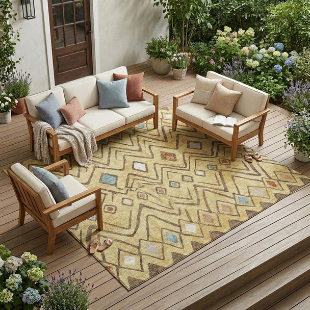 9' X 12' Wheat And Brown Geometric Washable Indoor Outdoor Area Rug