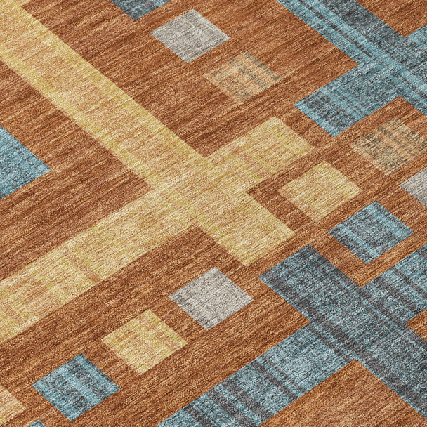 8' Orange And Gold Round Geometric Washable Indoor Outdoor Area Rug