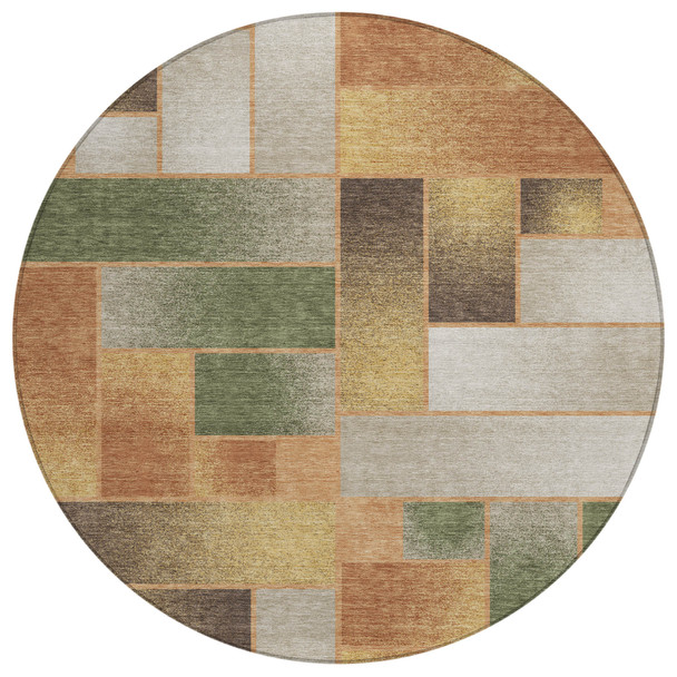 8' Copper And Orange Round Geometric Washable Indoor Outdoor Area Rug