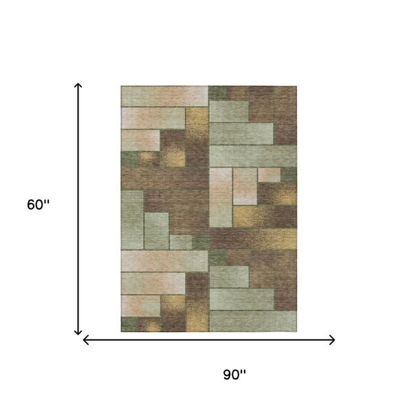 5' X 8' Olive Green And Green Geometric Washable Indoor Outdoor Area Rug