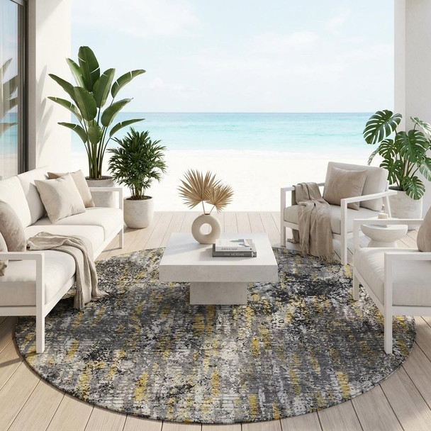 8' Black And Taupe Round Abstract Washable Indoor Outdoor Area Rug
