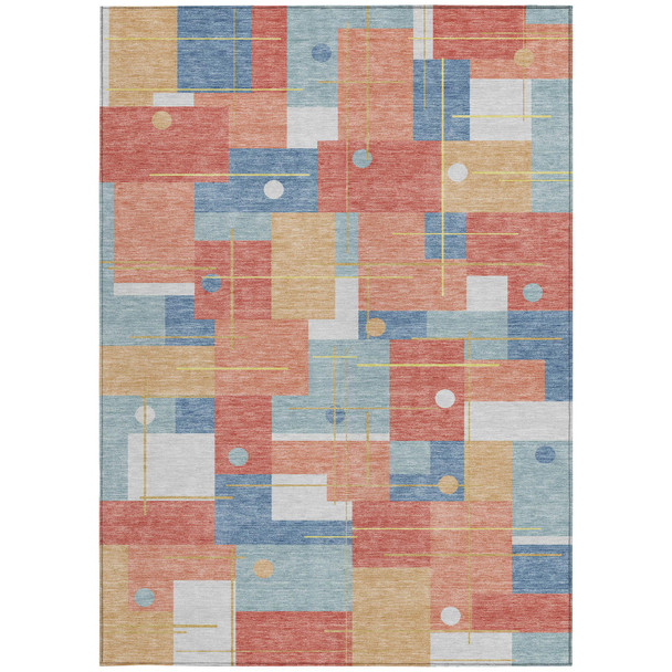 9' X 12' Coral And Brown Geometric Washable Indoor Outdoor Area Rug