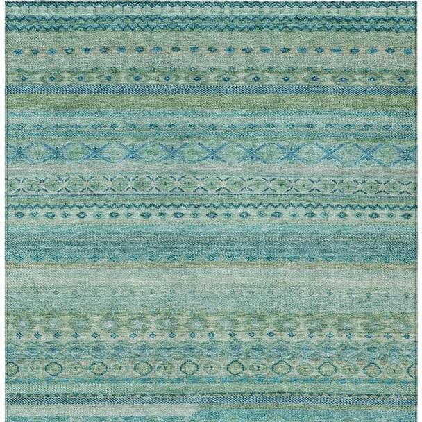 9' X 12' Teal Blue And Blue Striped Washable Indoor Outdoor Area Rug
