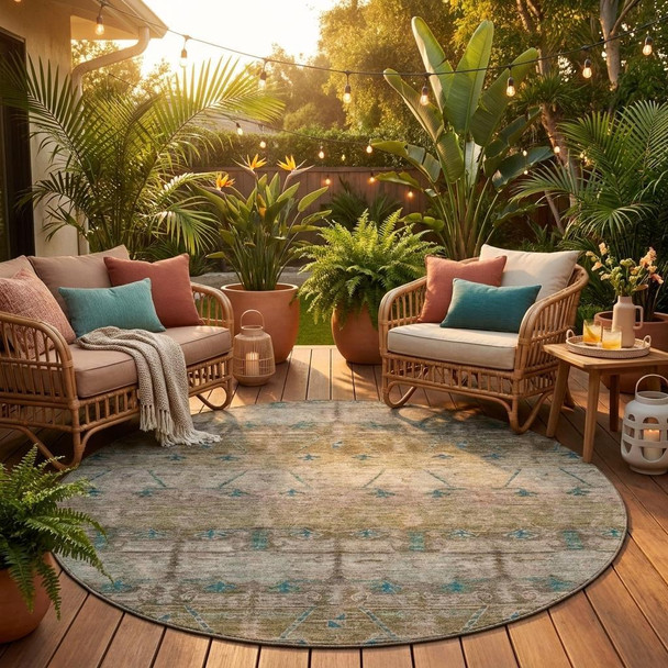 8' Brown And Taupe Round Tribal Washable Indoor Outdoor Area Rug