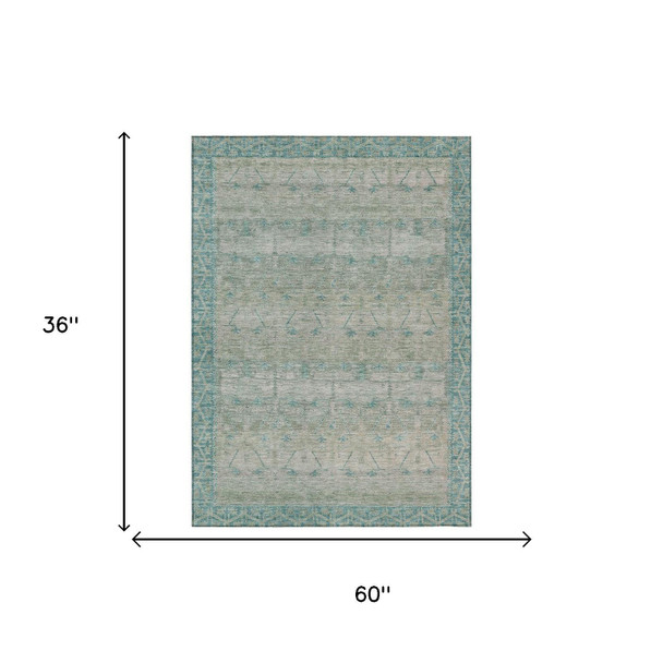 3' X 5' Teal Blue And Pewter Tribal Washable Indoor Outdoor Area Rug